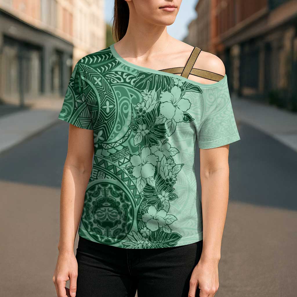 Polynesia Cross Shoulder Shirt Hibiscus Hawaiian Tribal Tattoo Retro Green - Polynesian Pride