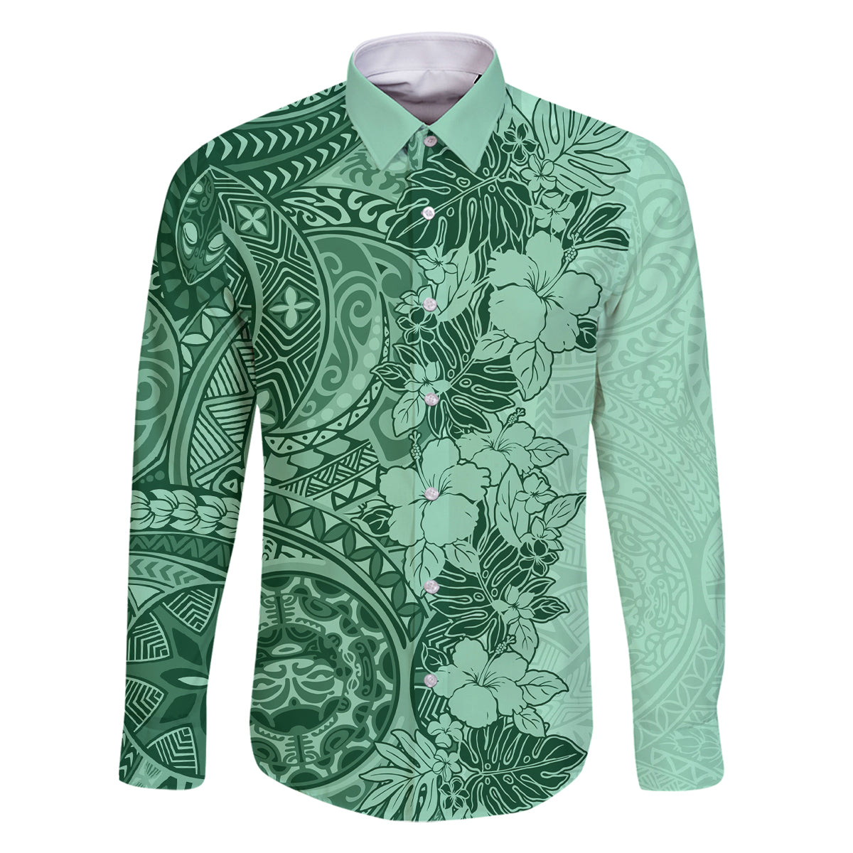 Polynesia Family Matching Off Shoulder Long Sleeve Dress and Hawaiian Shirt Hibiscus and Hawaiian Tribal Tattoo Retro Style Green Color LT9 Dad's Shirt - Long Sleeve Green - Polynesian Pride