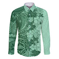 Polynesia Family Matching Summer Maxi Dress and Hawaiian Shirt Hibiscus and Hawaiian Tribal Tattoo Retro Style Green Color LT9 Dad's Shirt - Long Sleeve Green - Polynesian Pride