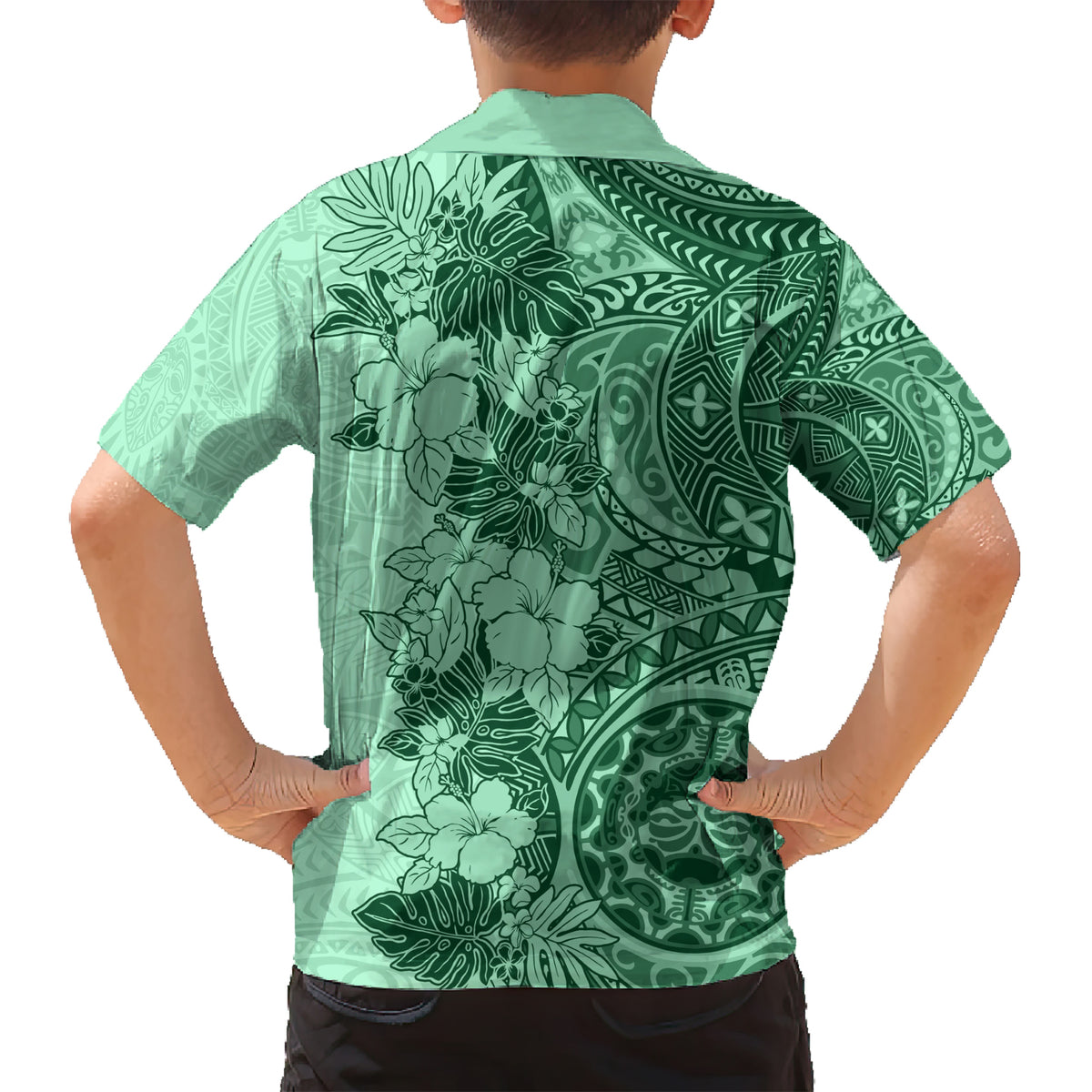 Polynesia Kid Hawaiian Shirt Hibiscus and Hawaiian Tribal Tattoo Retro Style Green Color LT9 - Polynesian Pride