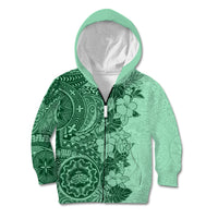 Polynesia Kid Hoodie Hibiscus and Hawaiian Tribal Tattoo Retro Style Green Color LT9 Zip Hoodie Green - Polynesian Pride