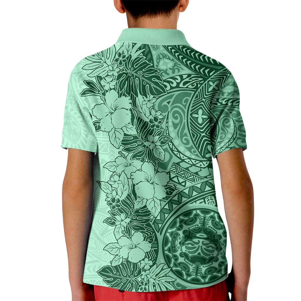 Polynesia Kid Polo Shirt Hibiscus and Hawaiian Tribal Tattoo Retro Style Green Color LT9 - Polynesian Pride