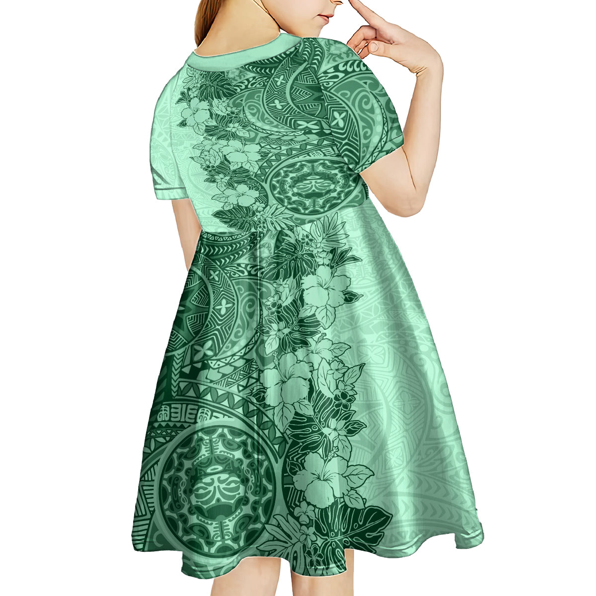 Polynesia Kid Short Sleeve Dress Hibiscus and Hawaiian Tribal Tattoo Retro Style Green Color LT9 - Polynesian Pride