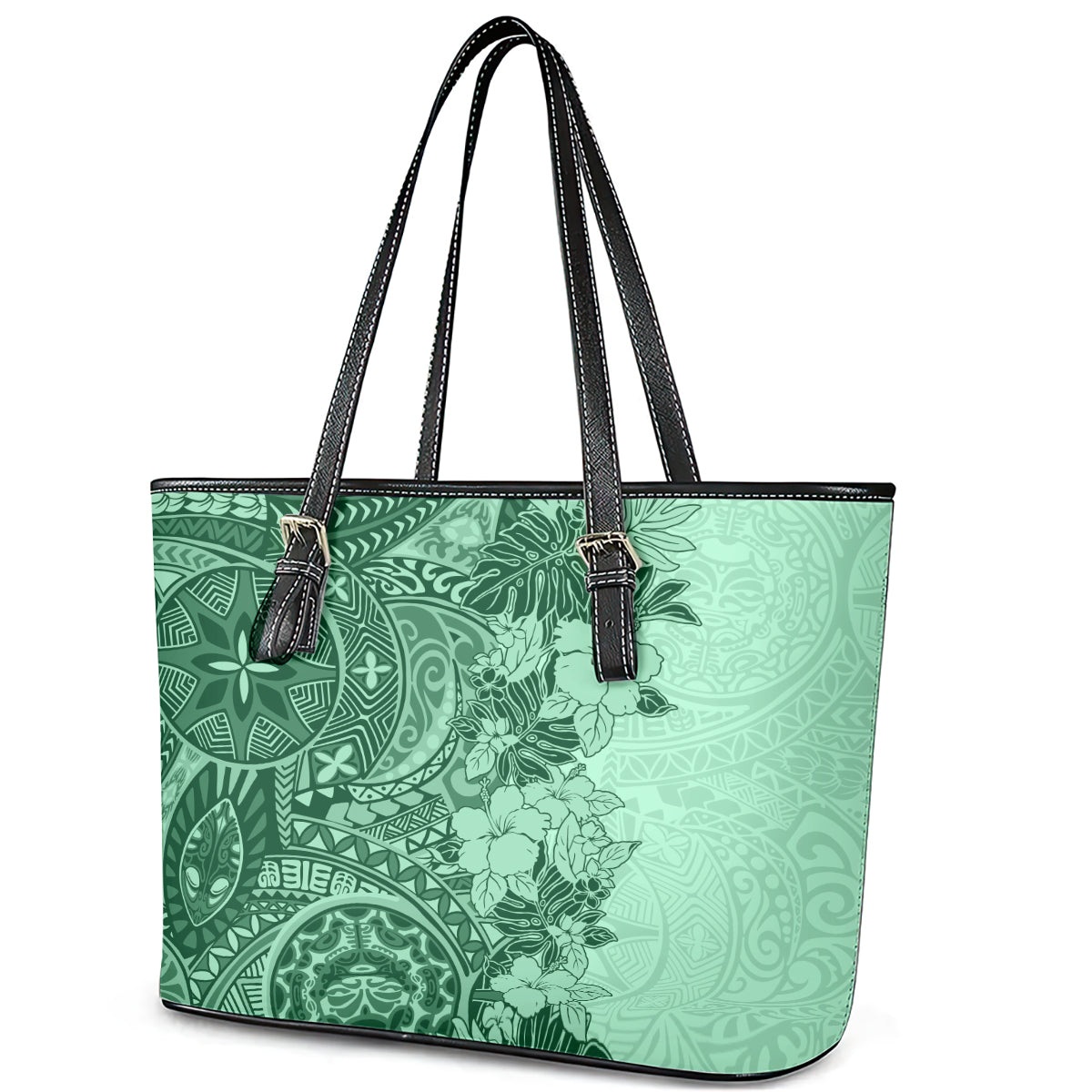 Polynesia Leather Tote Bag Hibiscus and Hawaiian Tribal Tattoo Retro Style Green Color LT9 - Polynesian Pride