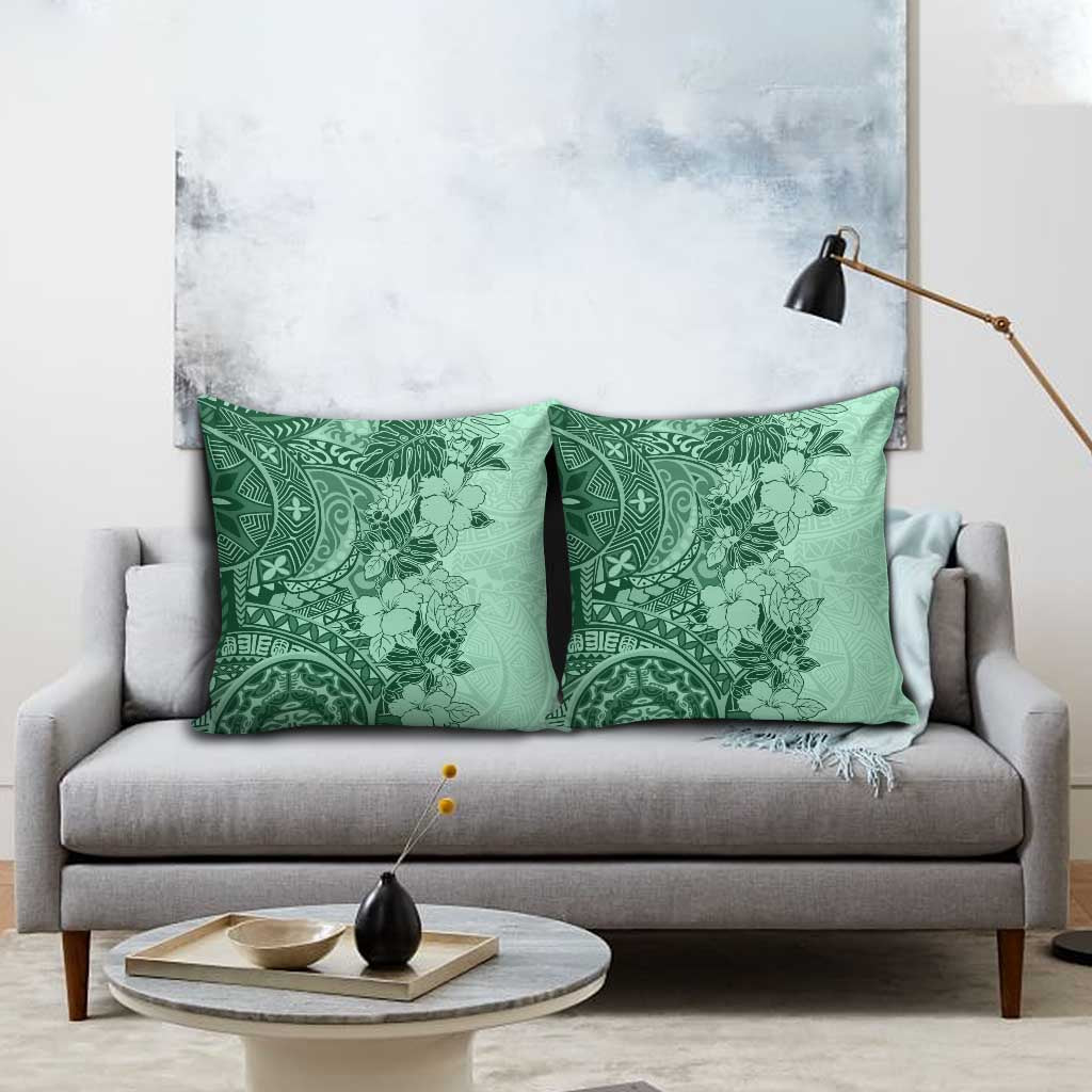 Polynesia Pillow Cover Hibiscus Hawaiian Tribal Tattoo Retro Green - Polynesian Pride