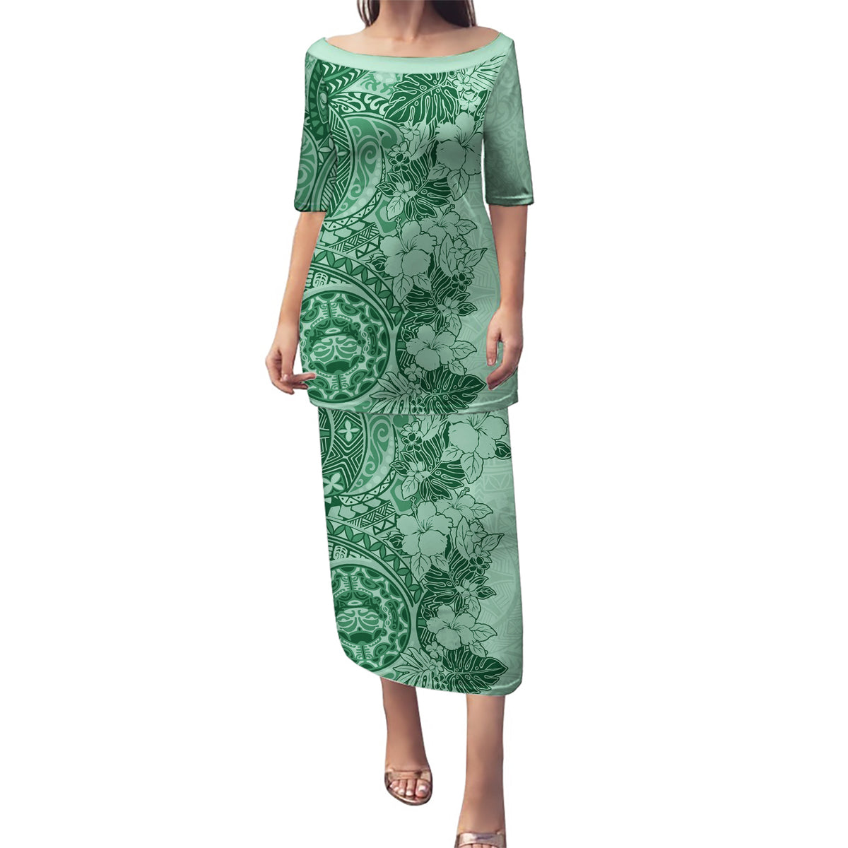 Polynesia Puletasi Hibiscus and Hawaiian Tribal Tattoo Retro Style Green Color LT9 Long Dress Green - Polynesian Pride