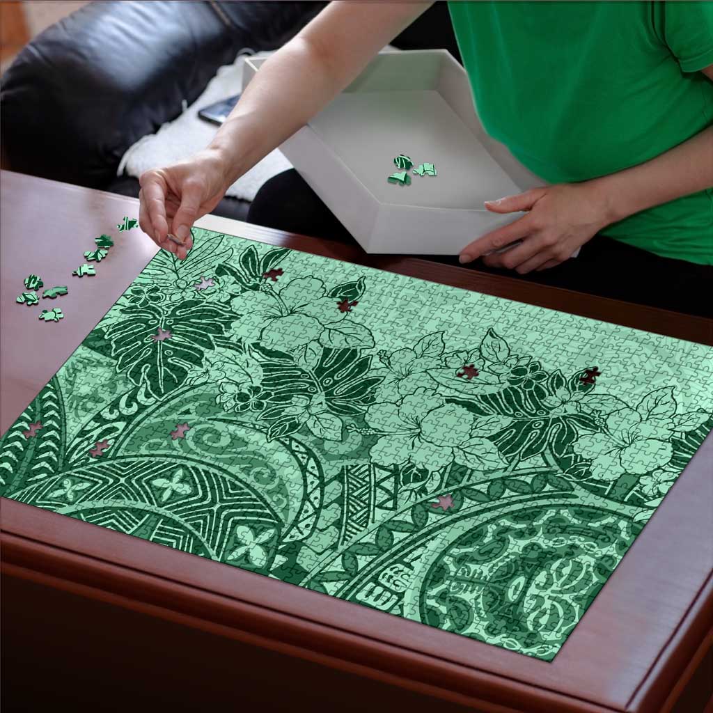 Polynesia Puzzle Hibiscus Hawaiian Tribal Tattoo Retro Green - Polynesian Pride
