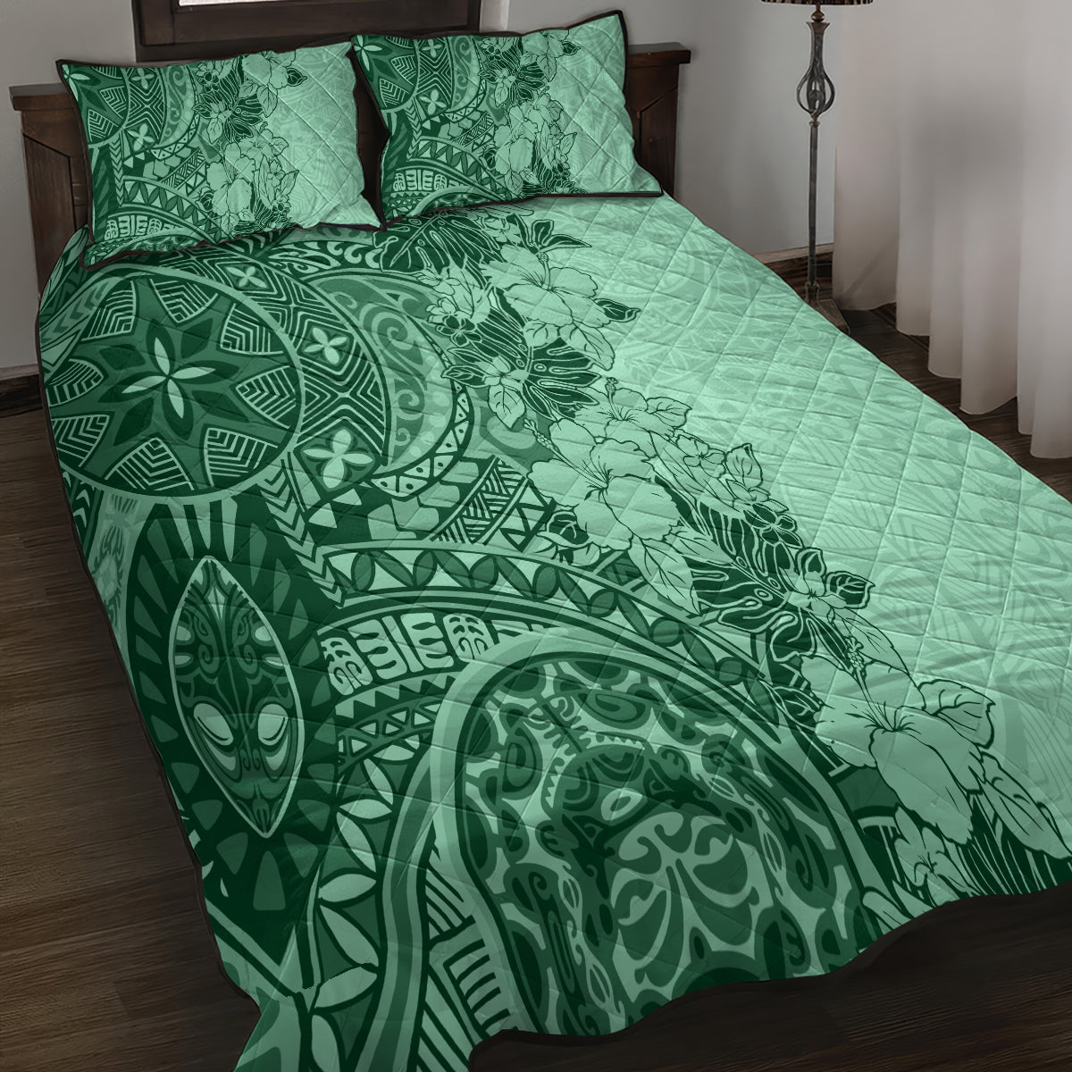 Polynesia Quilt Bed Set Hibiscus and Hawaiian Tribal Tattoo Retro Style Green Color LT9 - Polynesian Pride