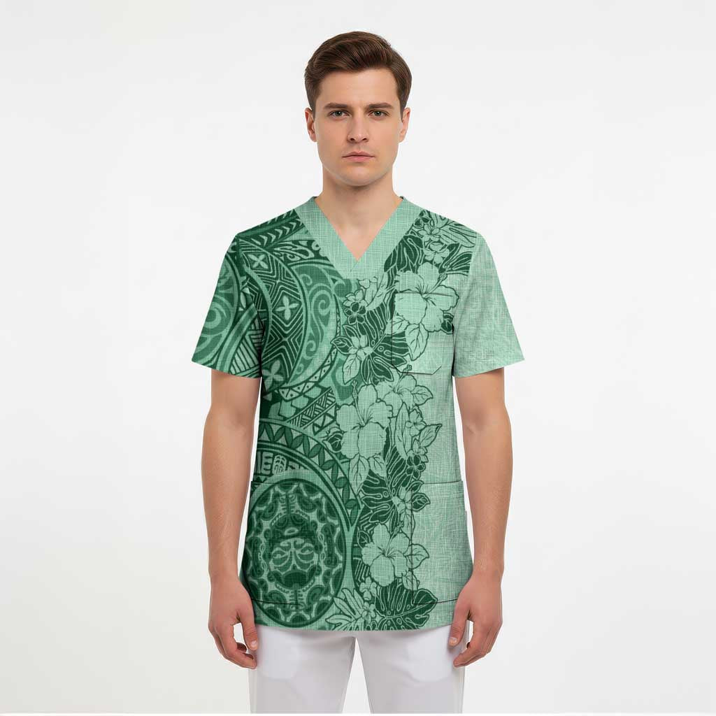 Polynesia Scrub Top Hibiscus Hawaiian Tribal Tattoo Retro Green - Polynesian Pride