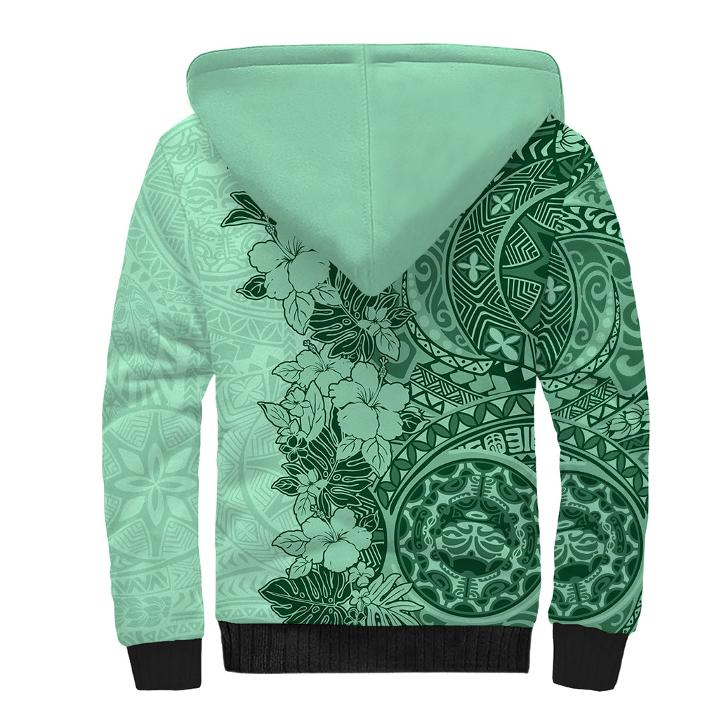Polynesia Sherpa Hoodie Hibiscus and Hawaiian Tribal Tattoo Retro Style Green Color LT9 - Polynesian Pride