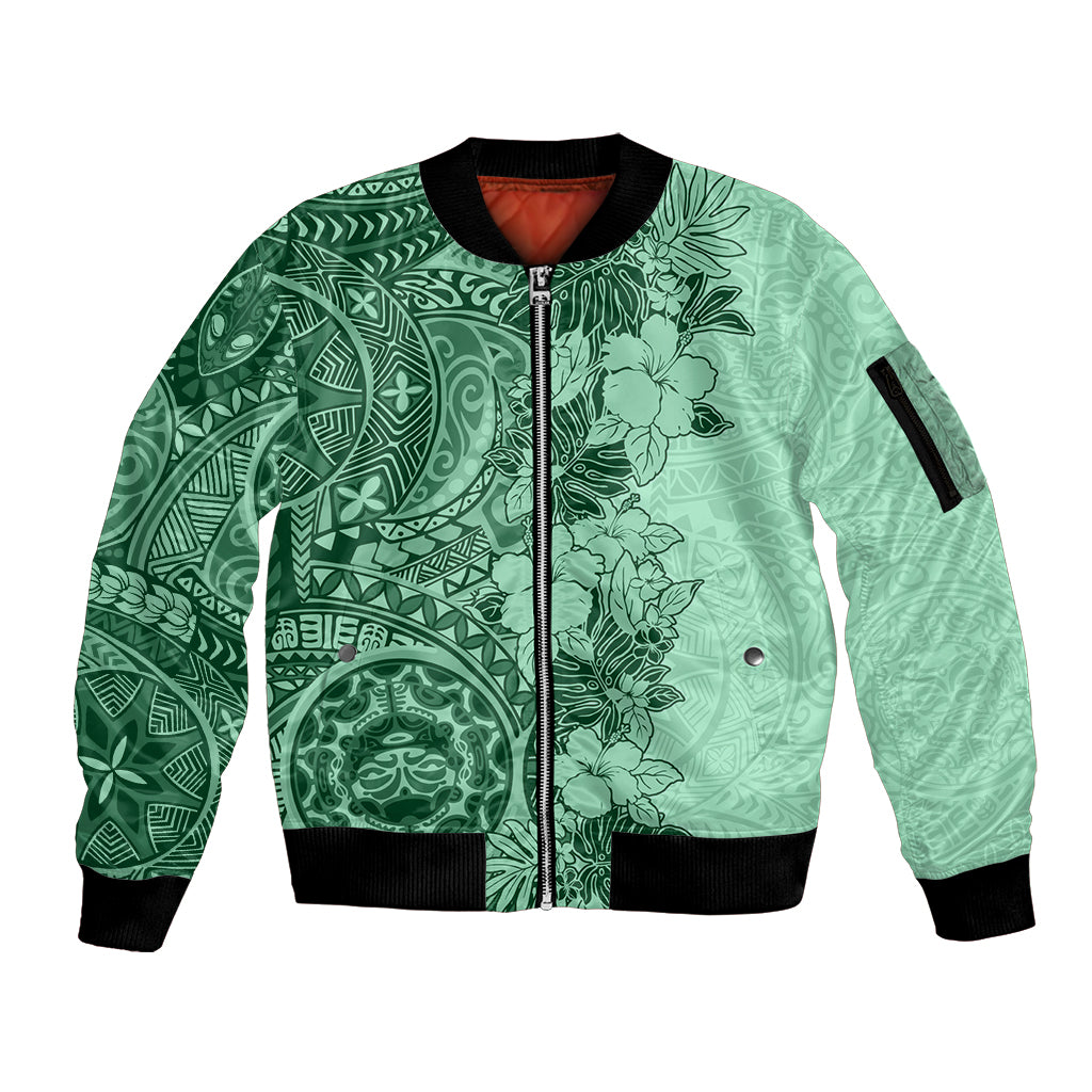 Polynesia Sleeve Zip Bomber Jacket Hibiscus and Hawaiian Tribal Tattoo Retro Style Green Color LT9 Unisex Green - Polynesian Pride