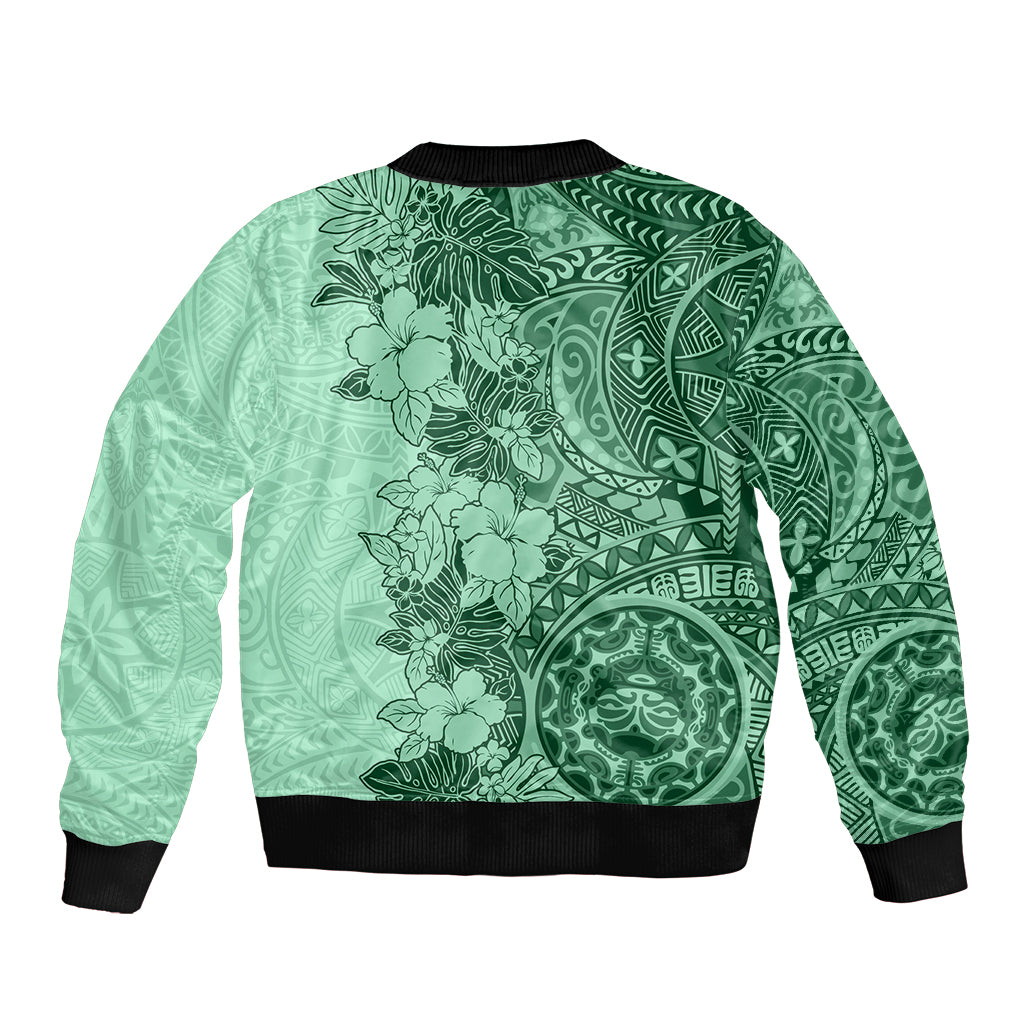 Polynesia Sleeve Zip Bomber Jacket Hibiscus and Hawaiian Tribal Tattoo Retro Style Green Color LT9 - Polynesian Pride