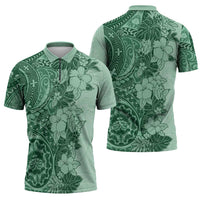 Polynesia Zipper Polo Shirt Hibiscus Hawaiian Tribal Tattoo Retro Green - Polynesian Pride