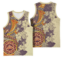 Polynesia Basketball Jersey Hibiscus Hawaiian Tribal Tattoo Retro Tan - Polynesian Pride