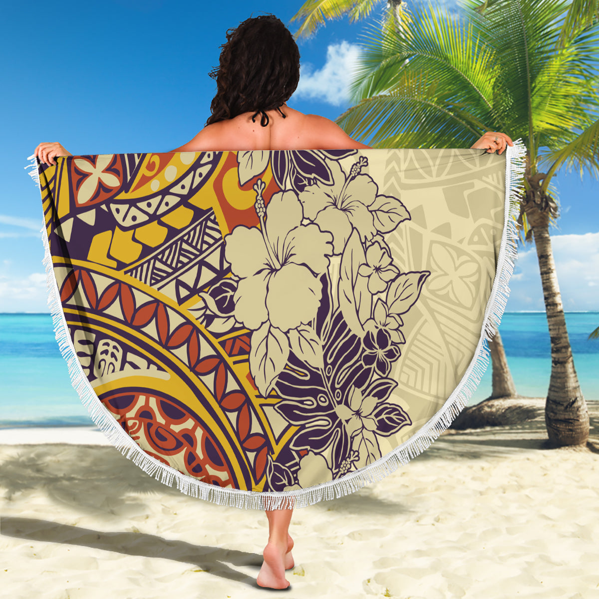 Polynesia Beach Blanket Hibiscus and Hawaiian Tribal Tattoo Retro Style Tan Color LT9 - Polynesian Pride