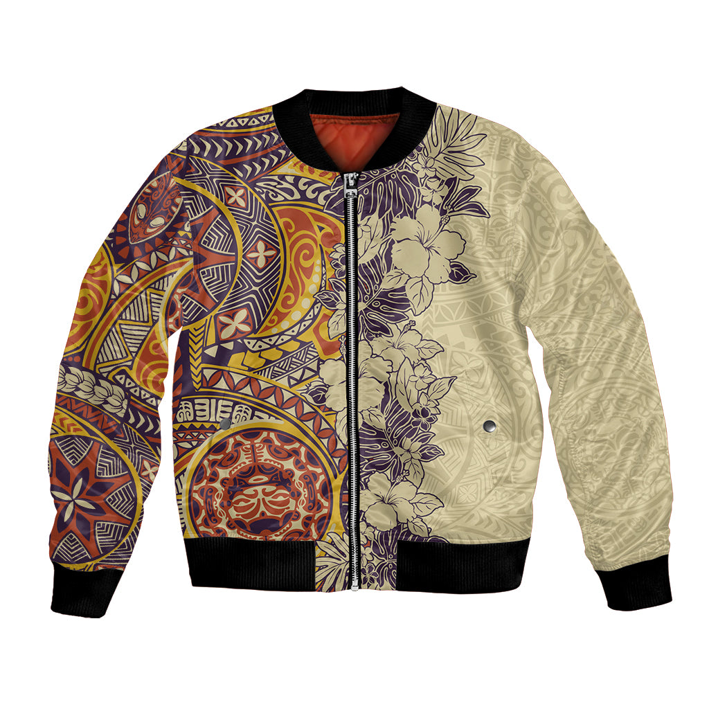 Polynesia Bomber Jacket Hibiscus and Hawaiian Tribal Tattoo Retro Style Tan Color LT9 Unisex Tan - Polynesian Pride