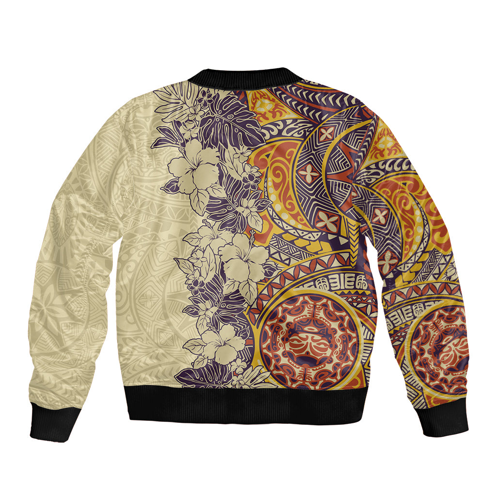 Polynesia Bomber Jacket Hibiscus and Hawaiian Tribal Tattoo Retro Style Tan Color LT9 - Polynesian Pride