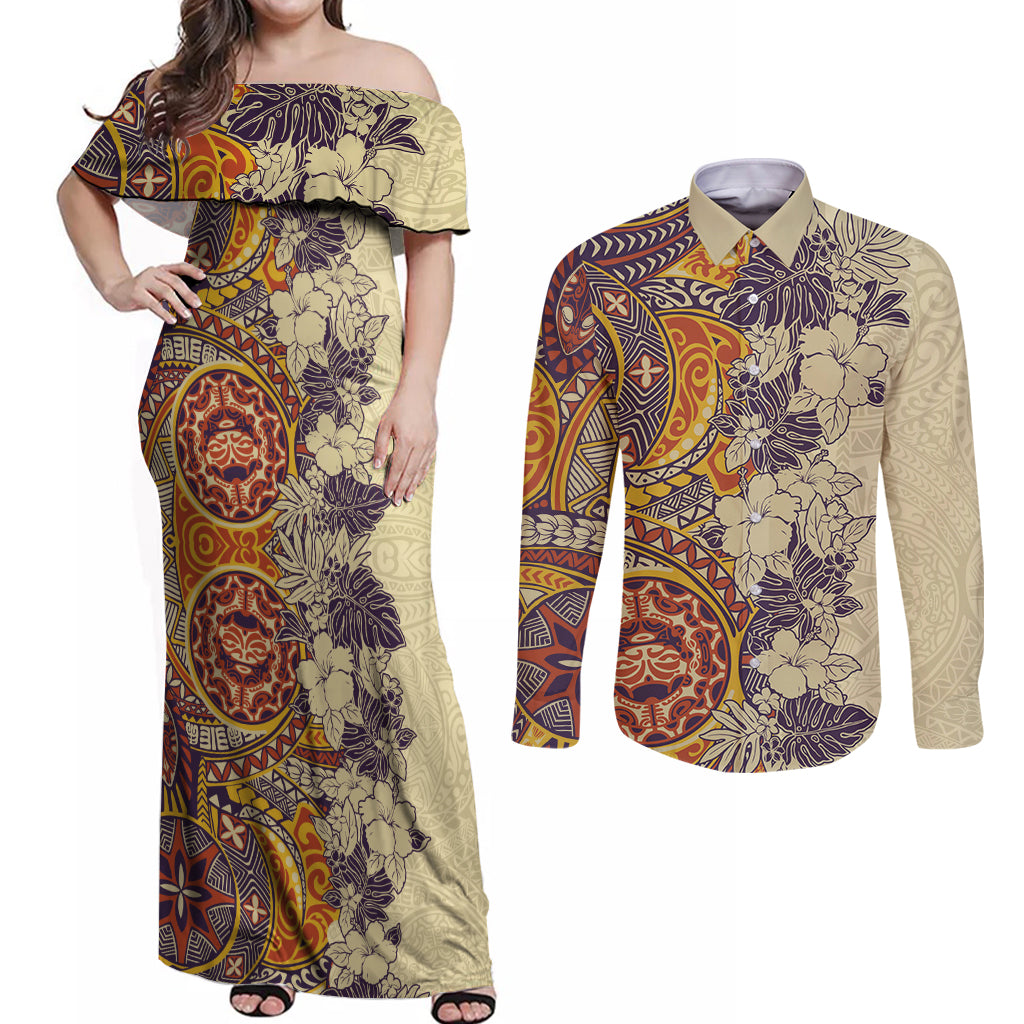 Polynesia Couples Matching Off Shoulder Maxi Dress and Long Sleeve Button Shirt Hibiscus and Hawaiian Tribal Tattoo Retro Style Tan Color LT9 Tan - Polynesian Pride