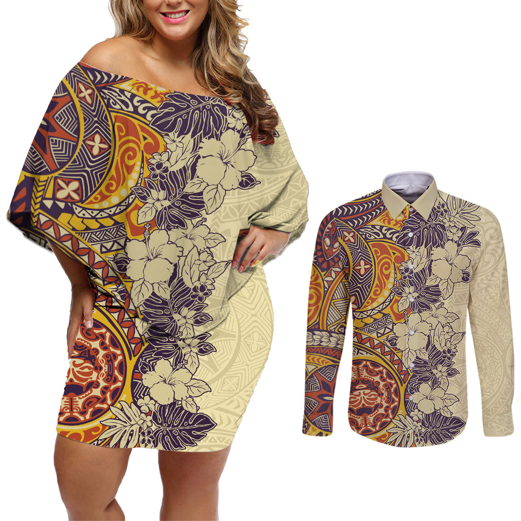 Polynesia Couples Matching Off Shoulder Short Dress and Long Sleeve Button Shirt Hibiscus and Hawaiian Tribal Tattoo Retro Style Tan Color LT9 Tan - Polynesian Pride