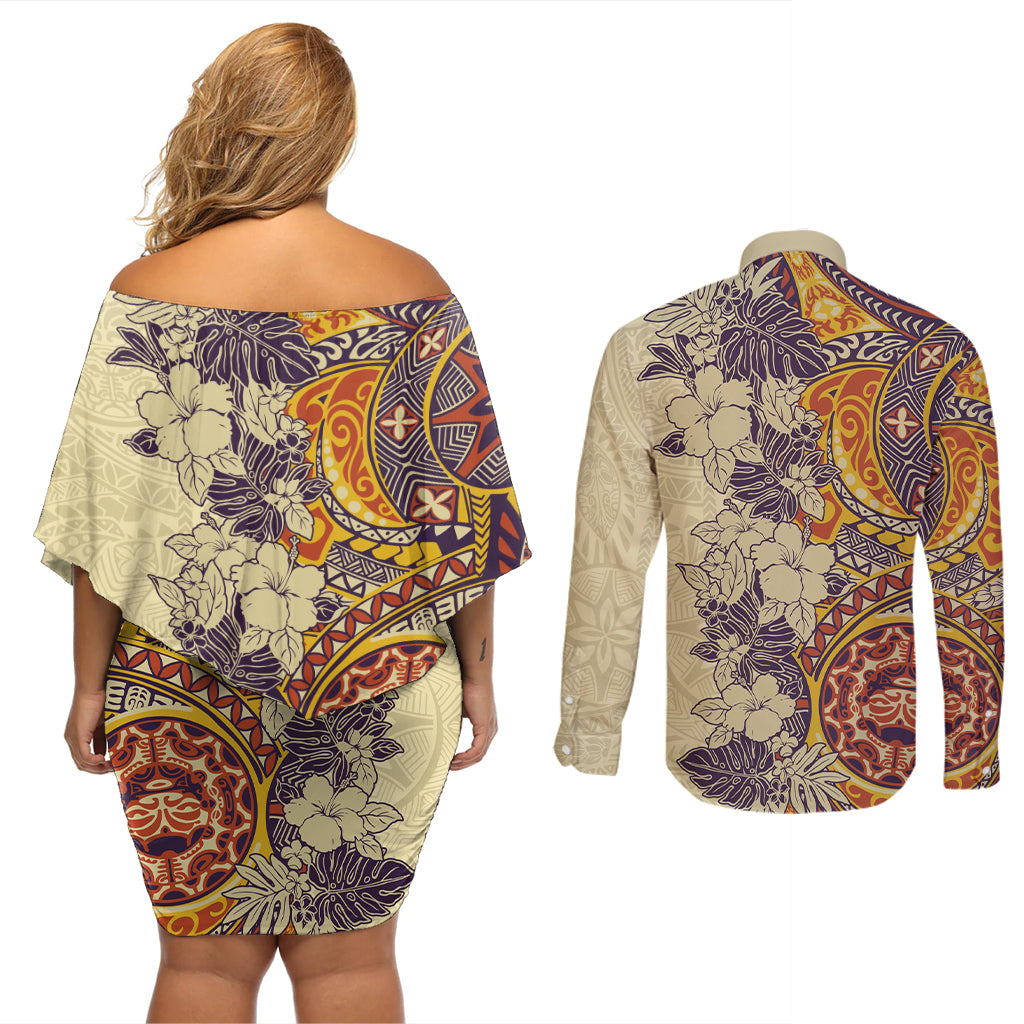 Polynesia Couples Matching Off Shoulder Short Dress and Long Sleeve Button Shirt Hibiscus and Hawaiian Tribal Tattoo Retro Style Tan Color LT9 - Polynesian Pride