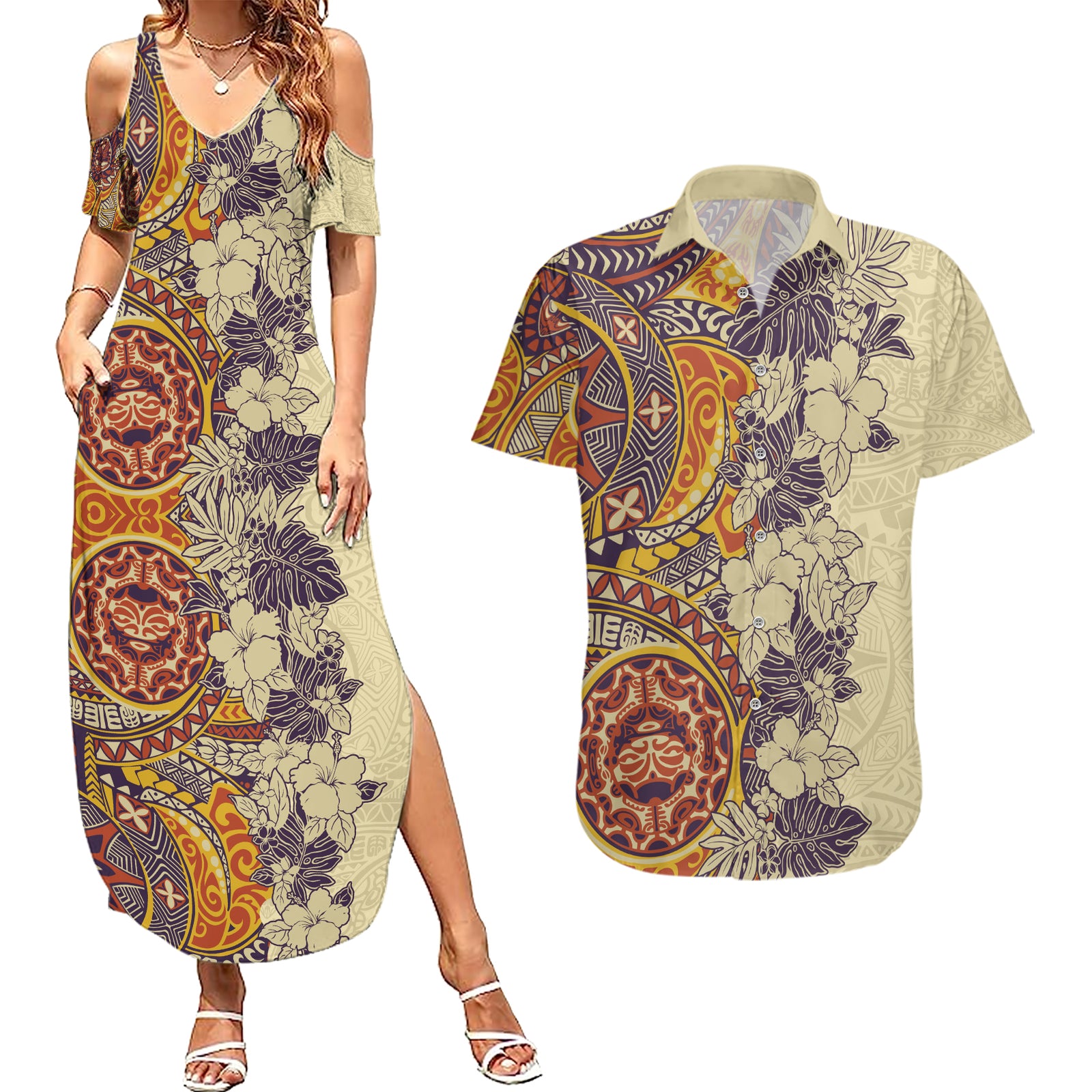 Polynesia Couples Matching Summer Maxi Dress and Hawaiian Shirt Hibiscus and Hawaiian Tribal Tattoo Retro Style Tan Color LT9 Tan - Polynesian Pride
