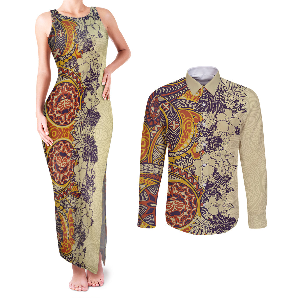 Polynesia Couples Matching Tank Maxi Dress and Long Sleeve Button Shirt Hibiscus and Hawaiian Tribal Tattoo Retro Style Tan Color LT9 Tan - Polynesian Pride