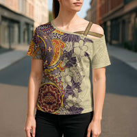 Polynesia Cross Shoulder Shirt Hibiscus Hawaiian Tribal Tattoo Retro Tan - Polynesian Pride