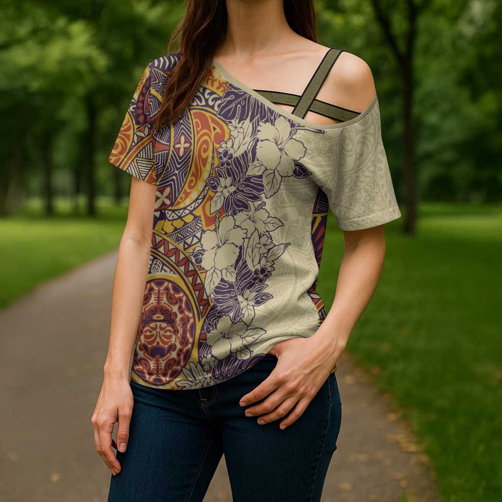 Polynesia Cross Shoulder Shirt Hibiscus Hawaiian Tribal Tattoo Retro Tan - Polynesian Pride