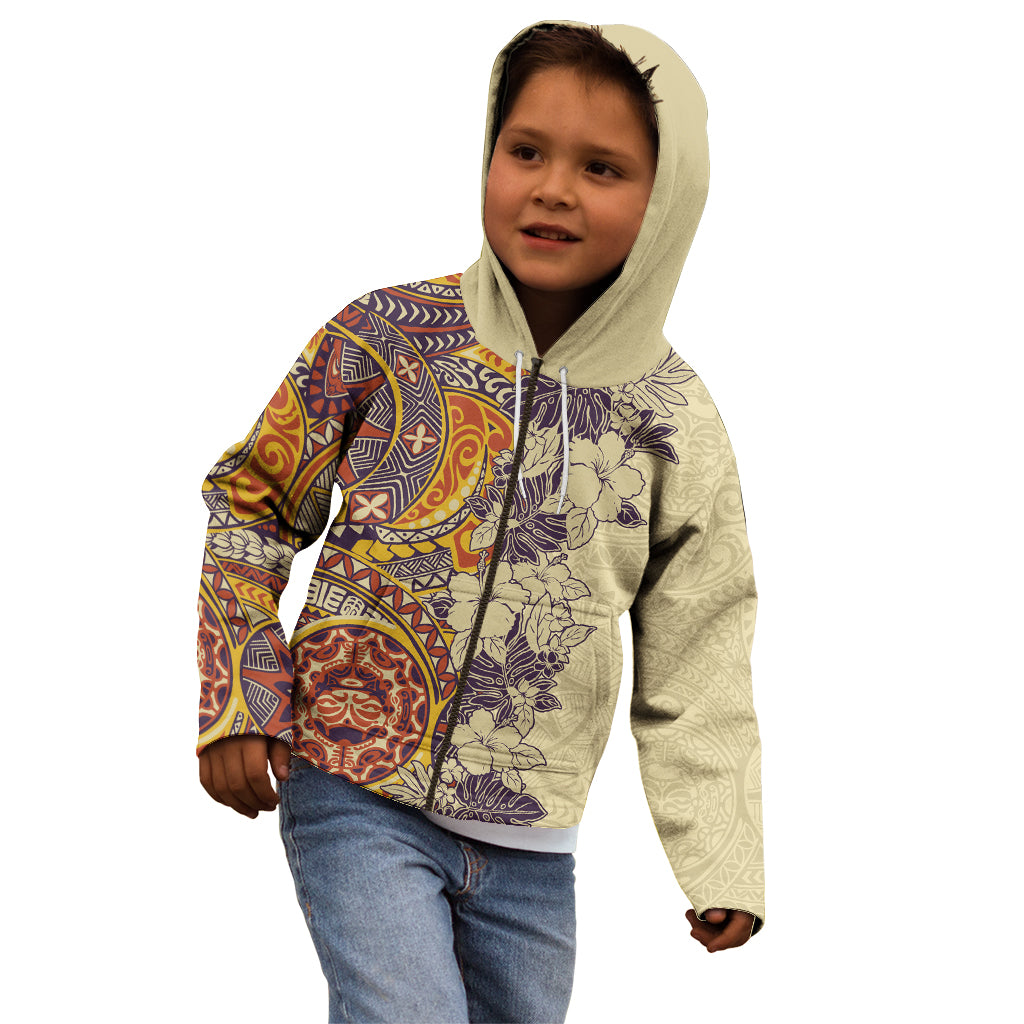 Polynesia Kid Hoodie Hibiscus and Hawaiian Tribal Tattoo Retro Style Tan Color LT9 - Polynesian Pride