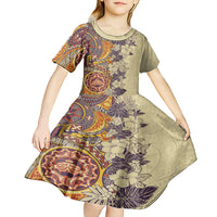 Polynesia Kid Short Sleeve Dress Hibiscus and Hawaiian Tribal Tattoo Retro Style Tan Color LT9 - Polynesian Pride