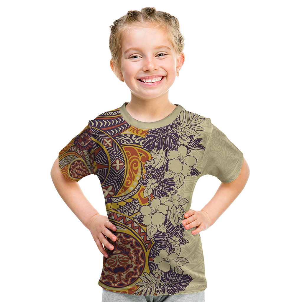 Polynesia Kid T Shirt Hibiscus and Hawaiian Tribal Tattoo Retro Style Tan Color LT9 Tan - Polynesian Pride
