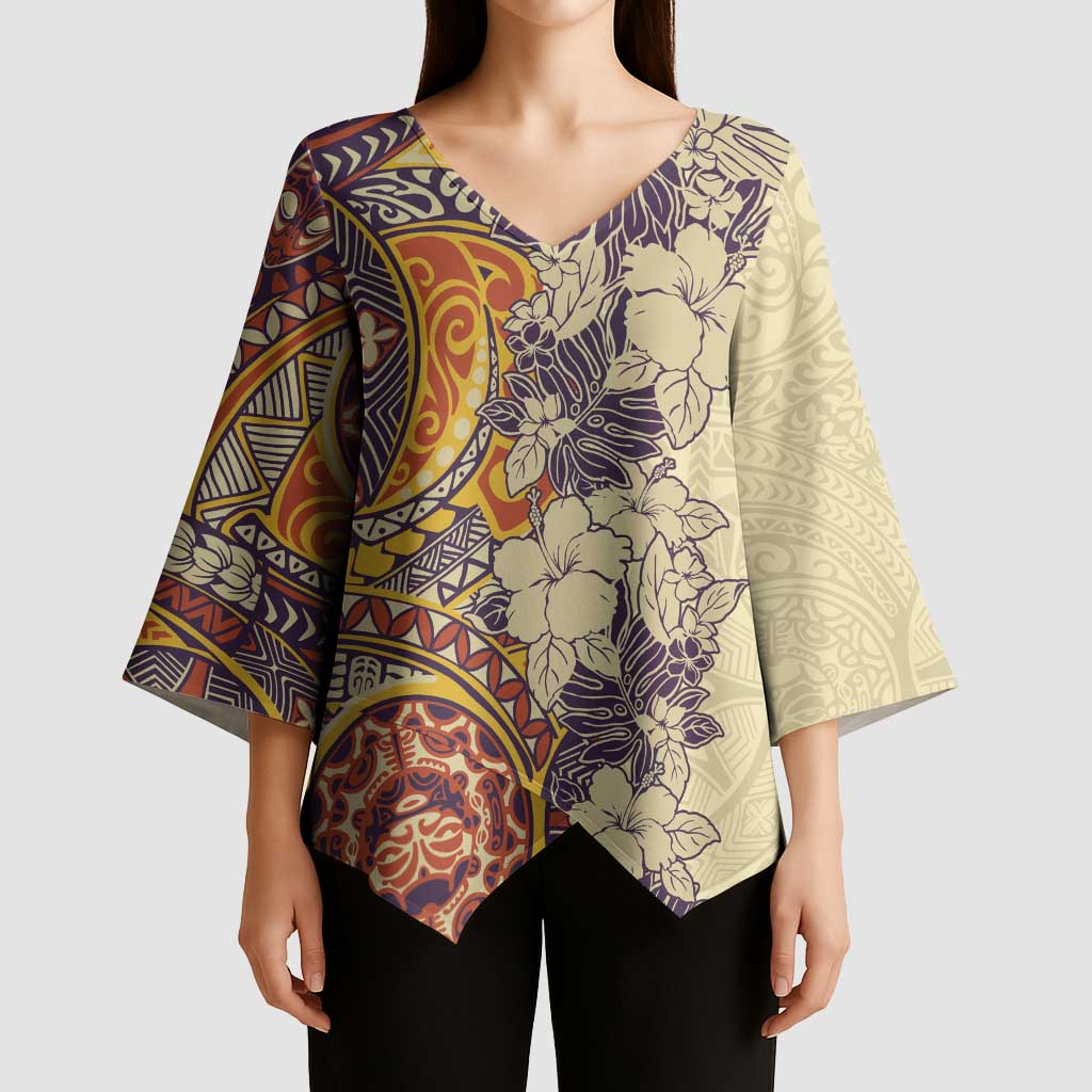 Polynesia Kimono Sleeve Blouse Hibiscus Hawaiian Tribal Tattoo Retro Tan - Polynesian Pride