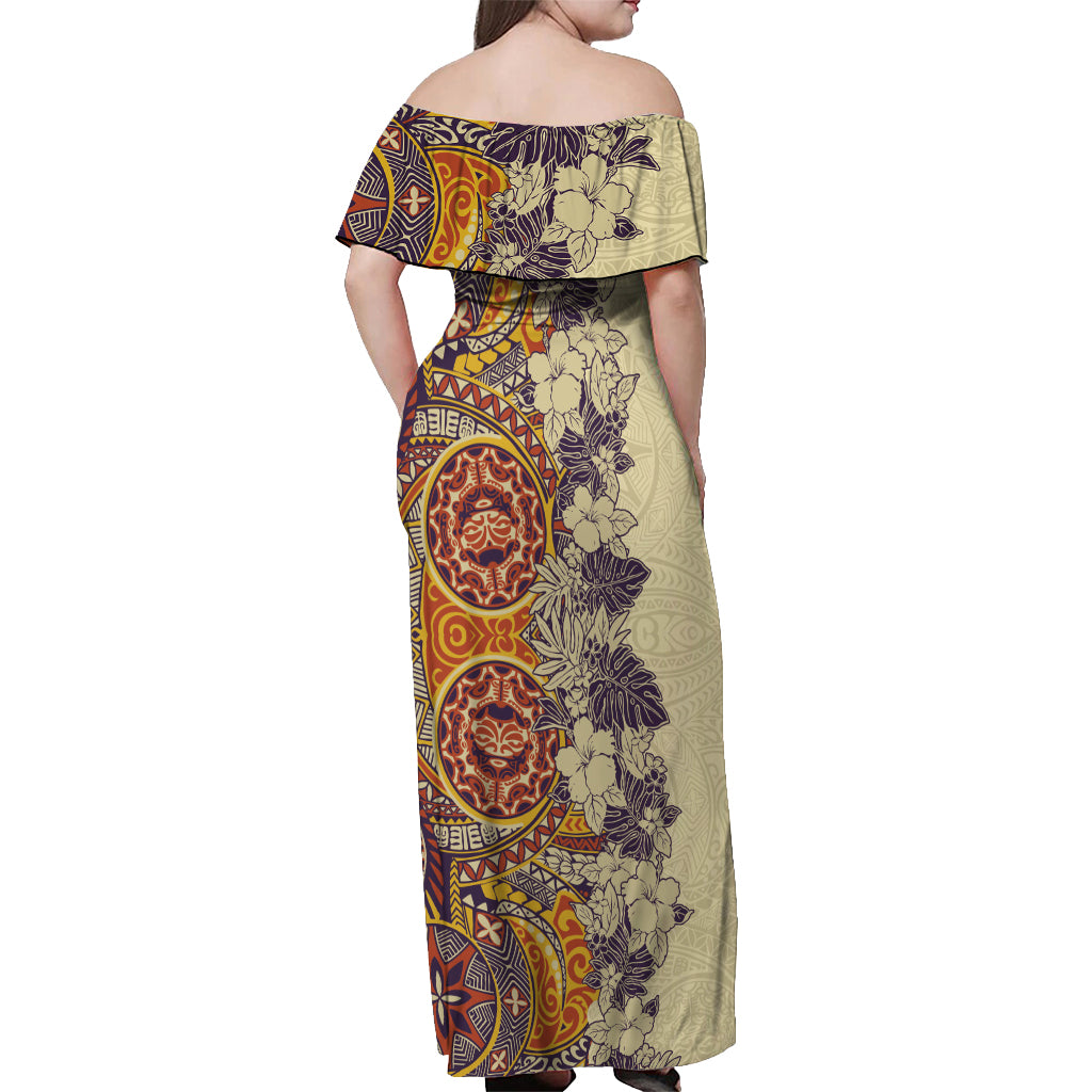 Polynesia Off Shoulder Maxi Dress Hibiscus and Hawaiian Tribal Tattoo Retro Style Tan Color LT9 - Polynesian Pride