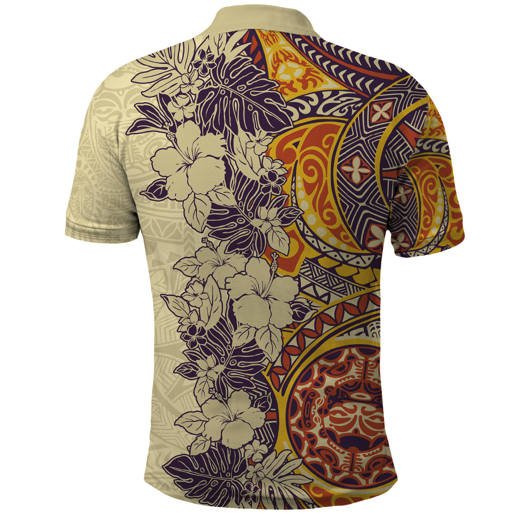 Polynesia Polo Shirt Hibiscus and Hawaiian Tribal Tattoo Retro Style Tan Color LT9 - Polynesian Pride