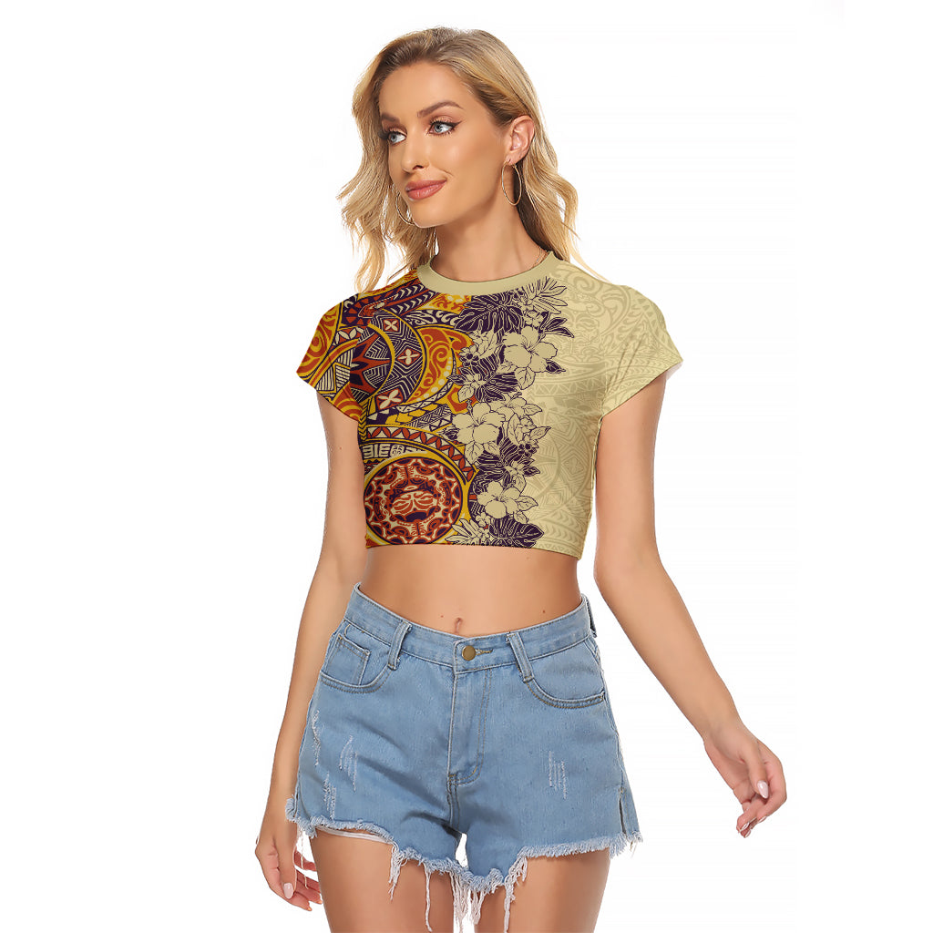 Polynesia Raglan Cropped T Shirt Hibiscus and Hawaiian Tribal Tattoo Retro Style Tan Color LT9 Female Tan - Polynesian Pride