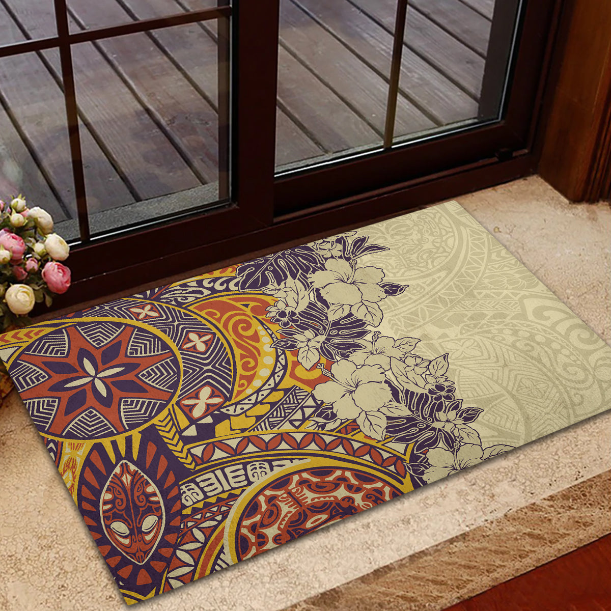 Polynesia Rubber Doormat Hibiscus and Hawaiian Tribal Tattoo Retro Style Tan Color LT9 - Polynesian Pride
