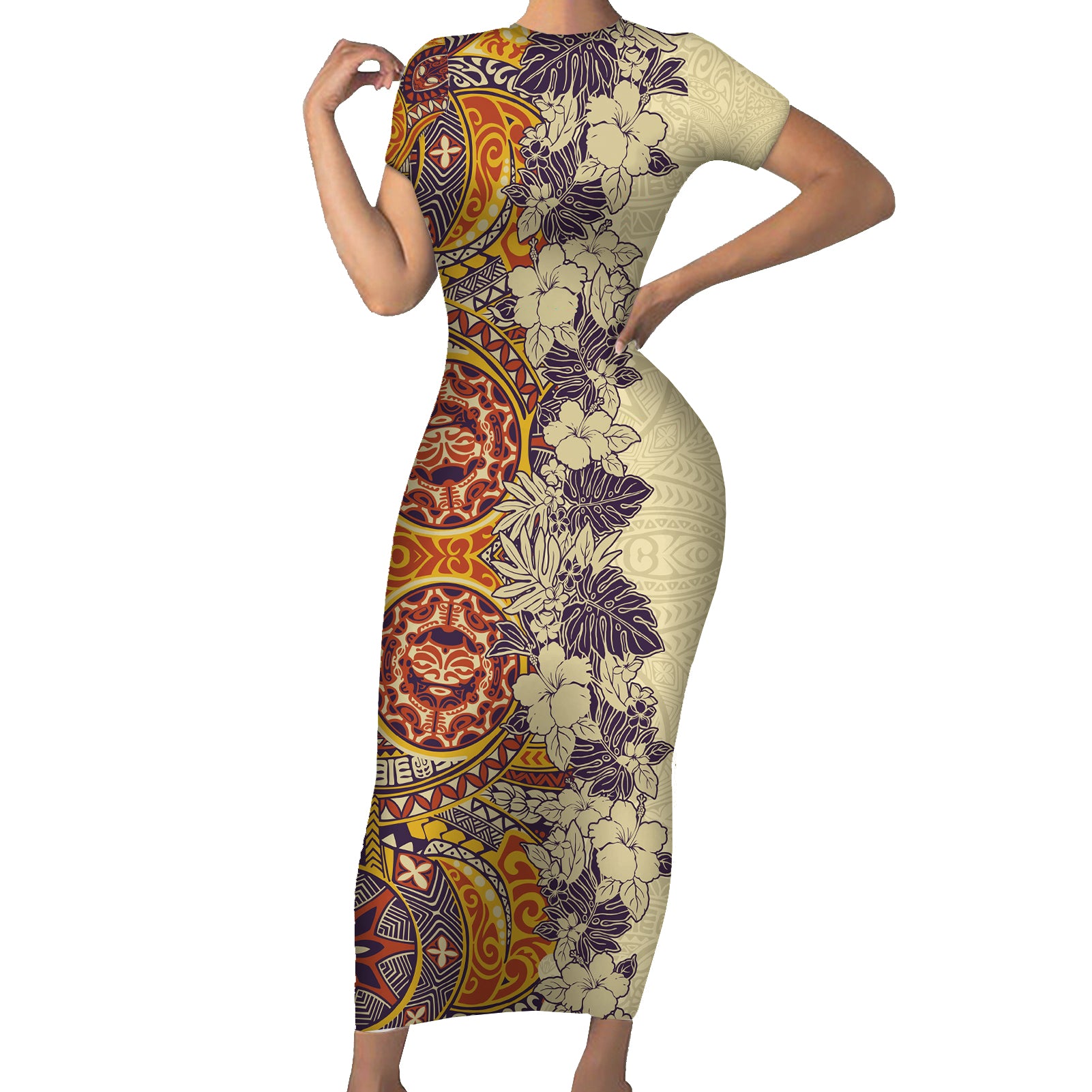 Polynesia Short Sleeve Bodycon Dress Hibiscus and Hawaiian Tribal Tattoo Retro Style Tan Color LT9 Long Dress Tan - Polynesian Pride