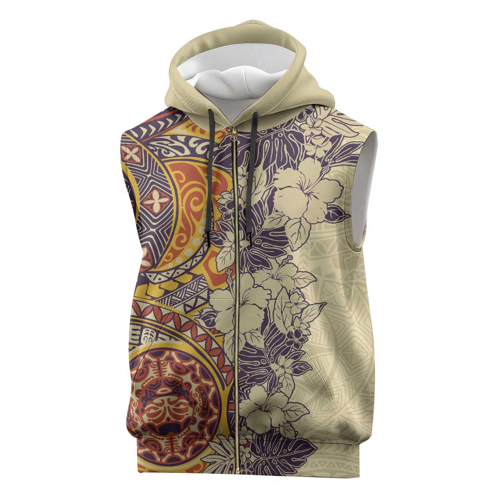 Polynesia Sleeveless Zip Hoodie Hibiscus Hawaiian Tribal Tattoo Retro Tan - Polynesian Pride