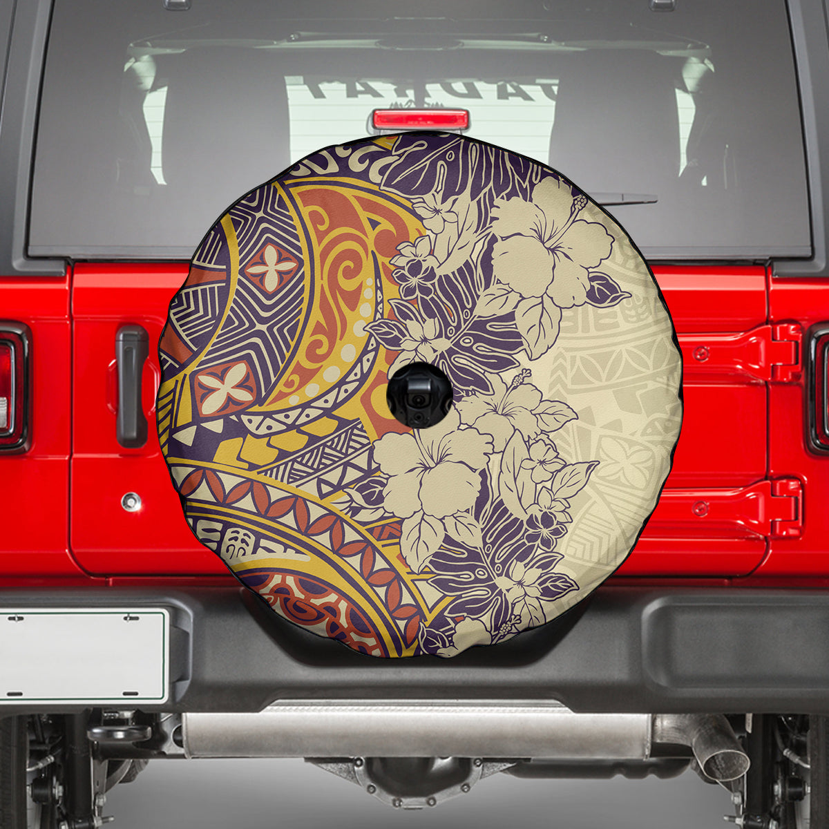 Polynesia Spare Tire Cover Hibiscus and Hawaiian Tribal Tattoo Retro Style Tan Color LT9 - Polynesian Pride