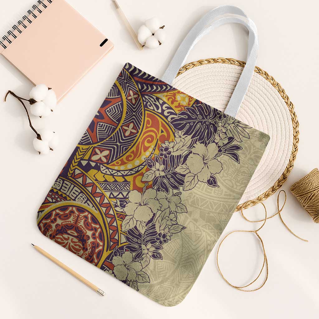 Polynesia Tote Bag Hibiscus Hawaiian Tribal Tattoo Retro Tan - Polynesian Pride