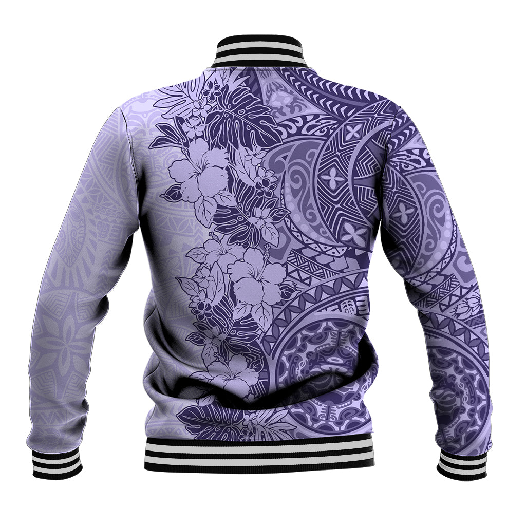 Polynesia Baseball Jacket Hibiscus and Hawaiian Tribal Tattoo Retro Style Violet Color LT9 - Polynesian Pride