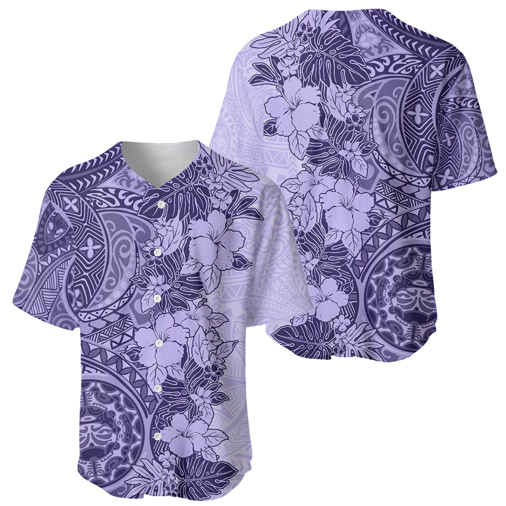 Polynesia Baseball Jersey Hibiscus and Hawaiian Tribal Tattoo Retro Style Violet Color LT9 - Polynesian Pride