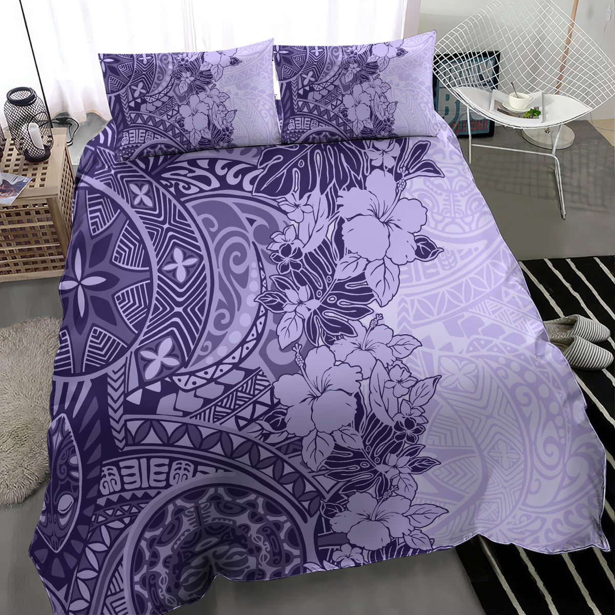 Polynesia Bedding Set Hibiscus and Hawaiian Tribal Tattoo Retro Style Violet Color LT9 - Polynesian Pride