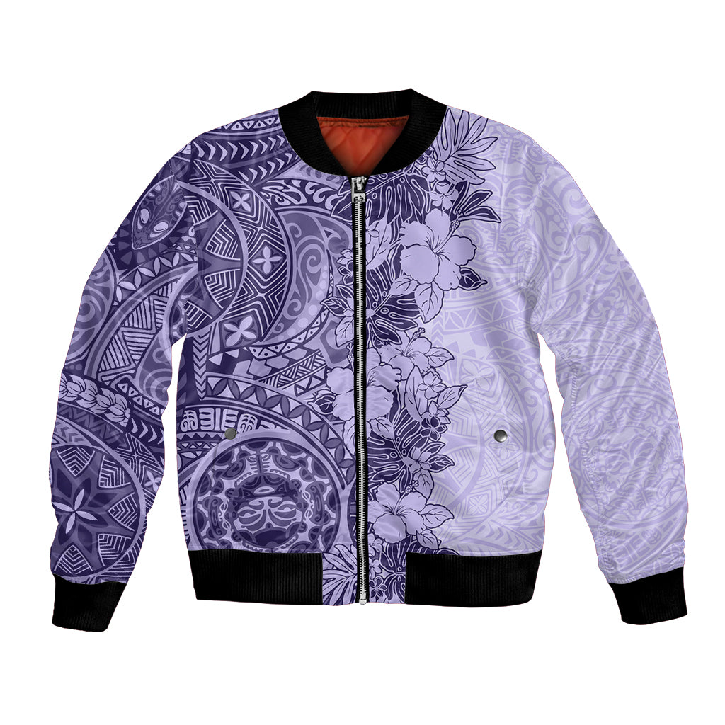 Polynesia Bomber Jacket Hibiscus and Hawaiian Tribal Tattoo Retro Style Violet Color LT9 Unisex Violet - Polynesian Pride