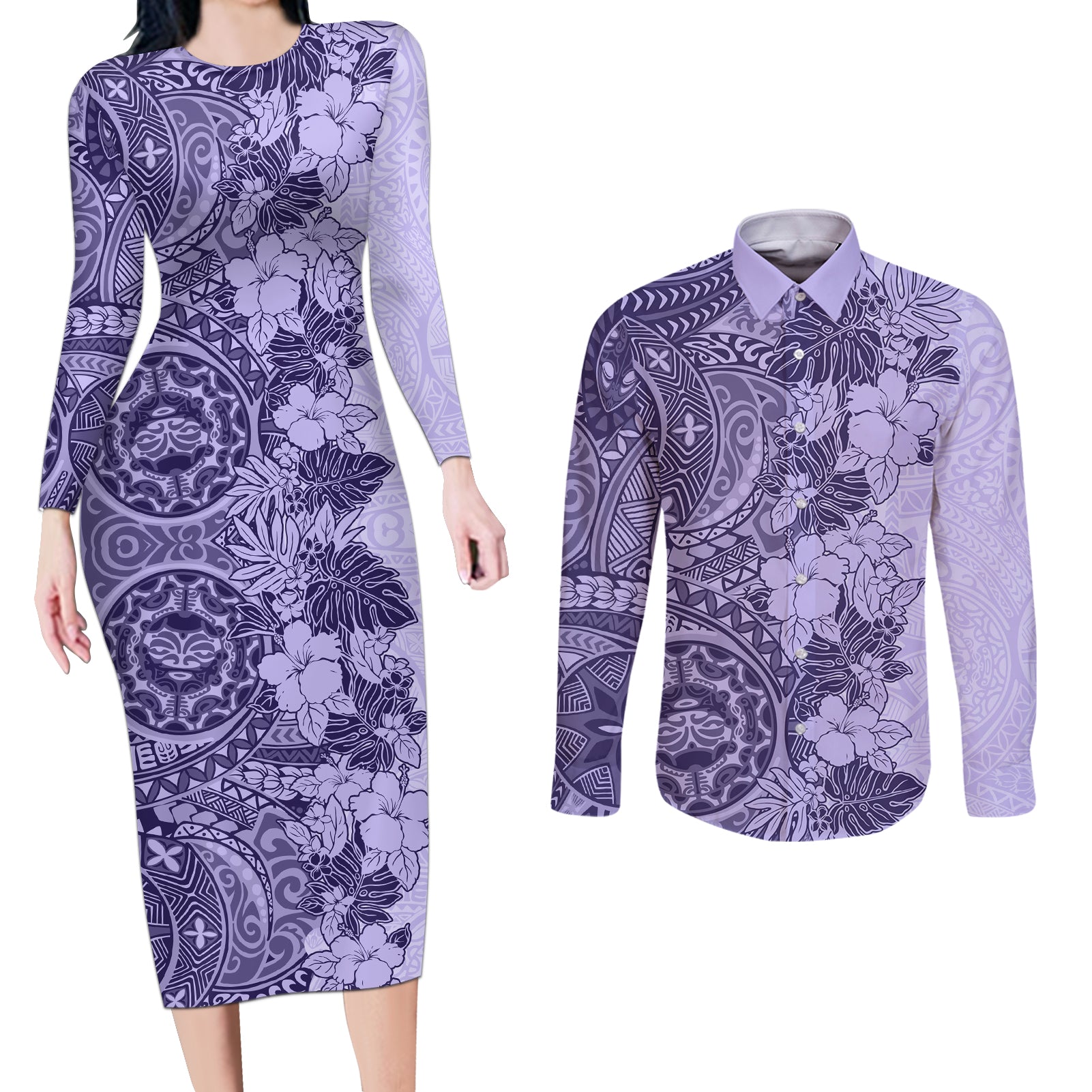 Polynesia Couples Matching Long Sleeve Bodycon Dress and Long Sleeve Button Shirt Hibiscus and Hawaiian Tribal Tattoo Retro Style Violet Color LT9 Violet - Polynesian Pride