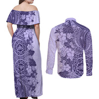 Polynesia Couples Matching Off Shoulder Maxi Dress and Long Sleeve Button Shirt Hibiscus and Hawaiian Tribal Tattoo Retro Style Violet Color LT9 - Polynesian Pride