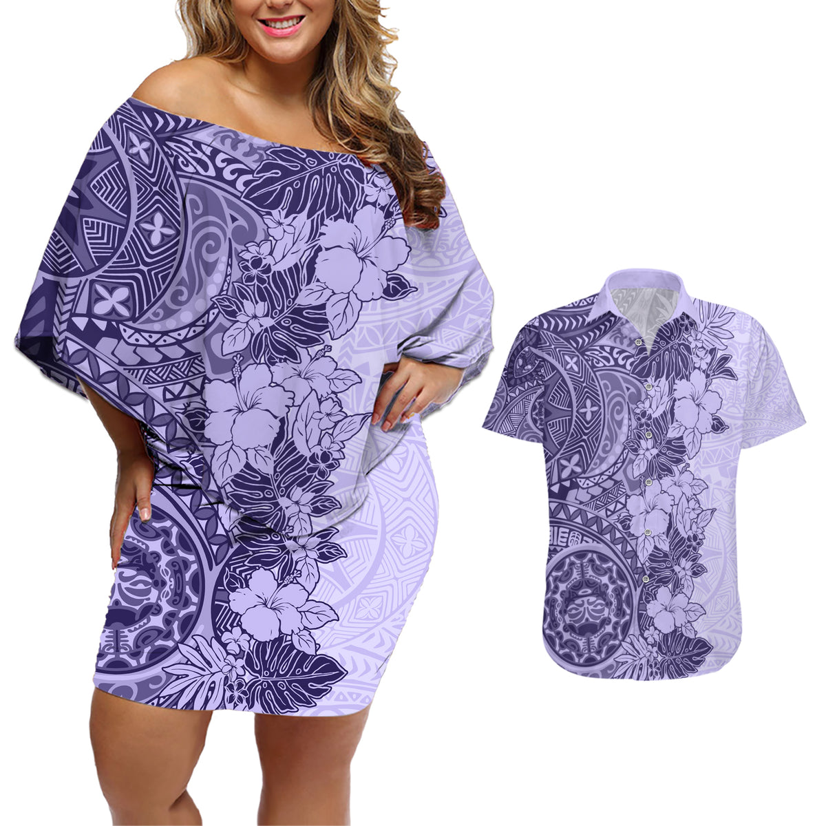 Polynesia Couples Matching Off Shoulder Short Dress and Hawaiian Shirt Hibiscus and Hawaiian Tribal Tattoo Retro Style Violet Color LT9 Violet - Polynesian Pride