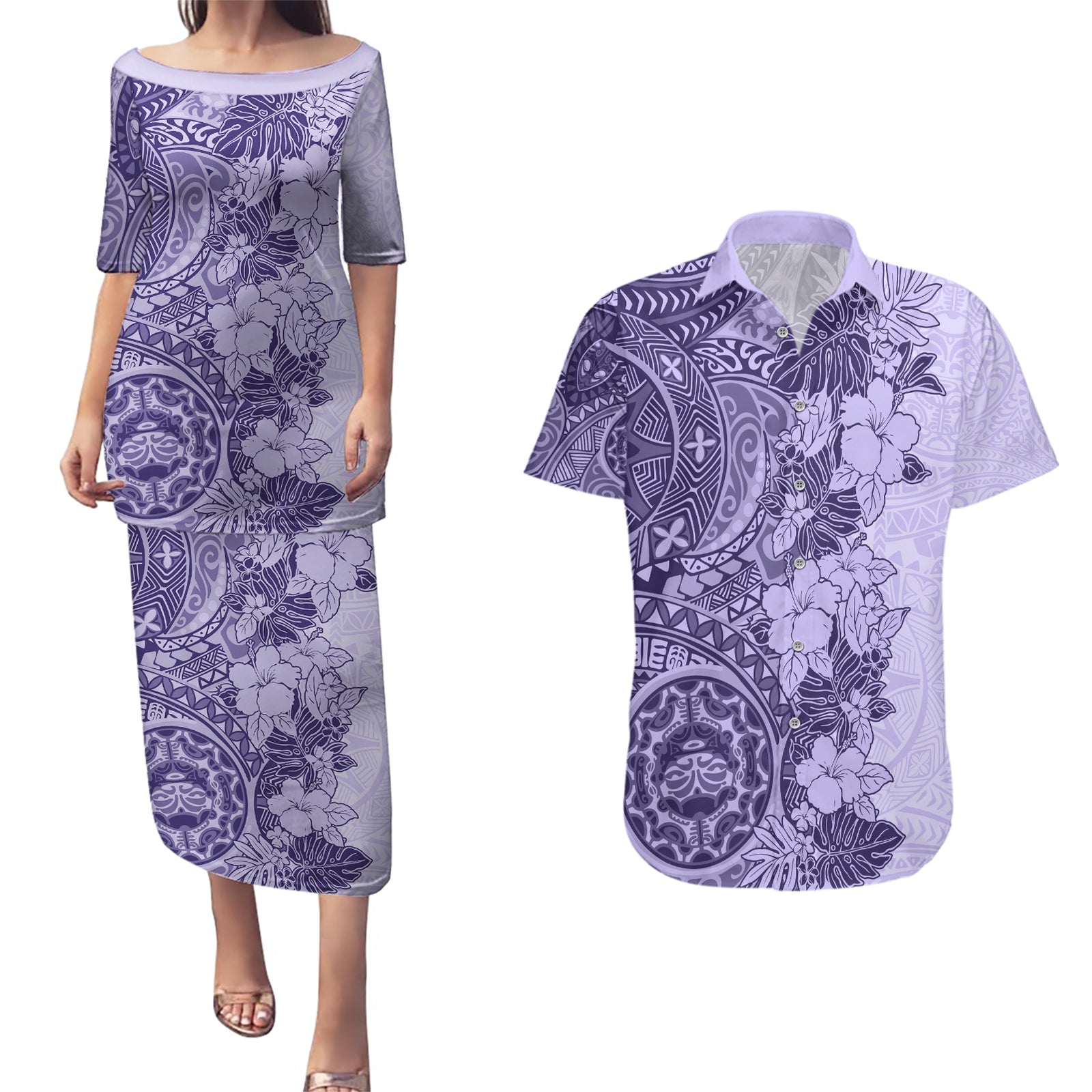 Polynesia Couples Matching Puletasi Dress and Hawaiian Shirt Hibiscus and Hawaiian Tribal Tattoo Retro Style Violet Color LT9 Violet - Polynesian Pride