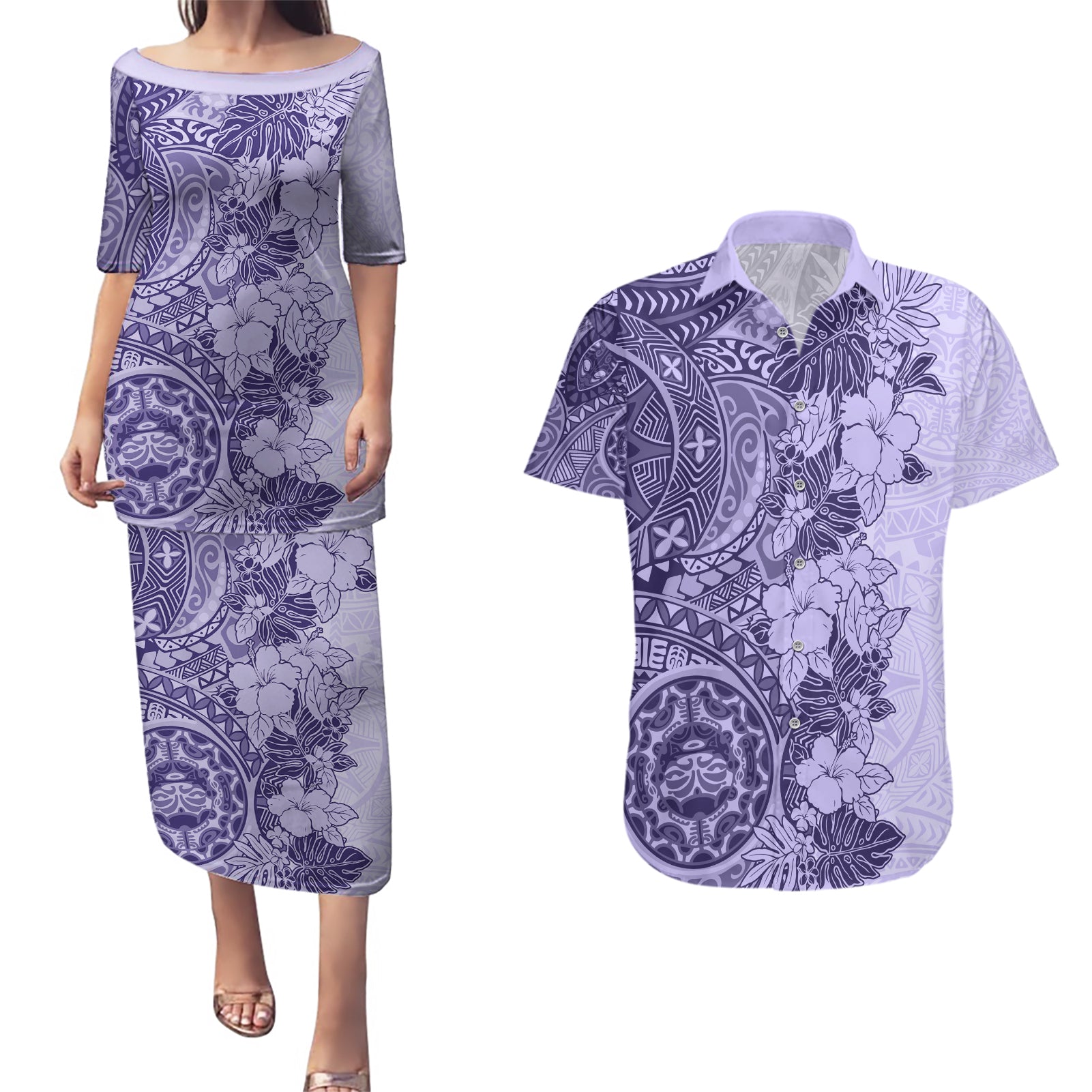 Polynesia Couples Matching Puletasi Dress and Hawaiian Shirt Hibiscus and Hawaiian Tribal Tattoo Retro Style Violet Color LT9 Violet - Polynesian Pride