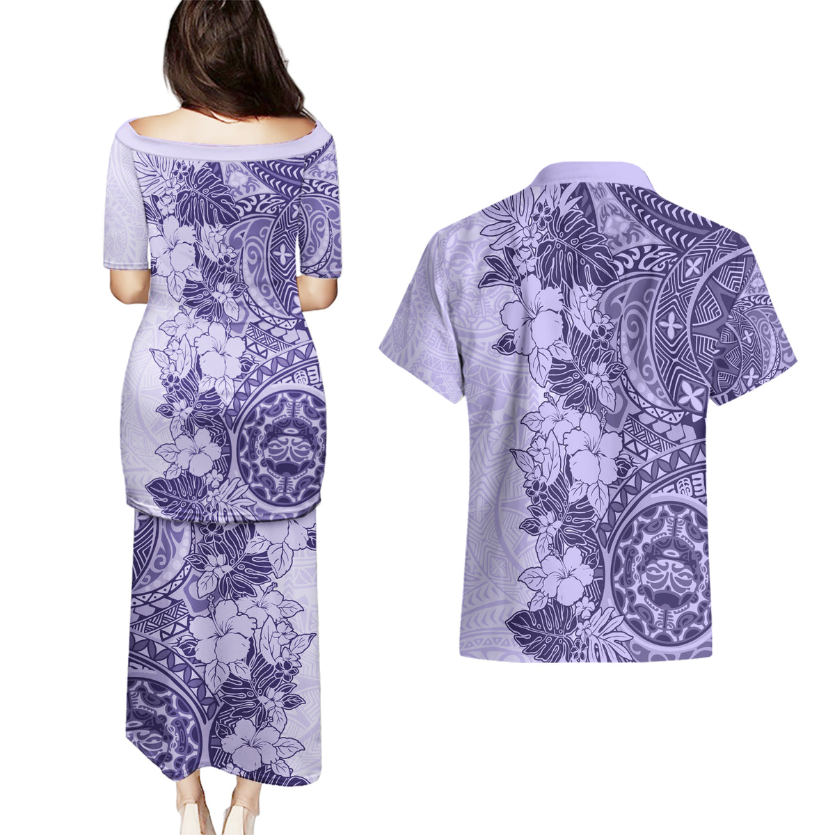 Polynesia Couples Matching Puletasi Dress and Hawaiian Shirt Hibiscus and Hawaiian Tribal Tattoo Retro Style Violet Color LT9 - Polynesian Pride